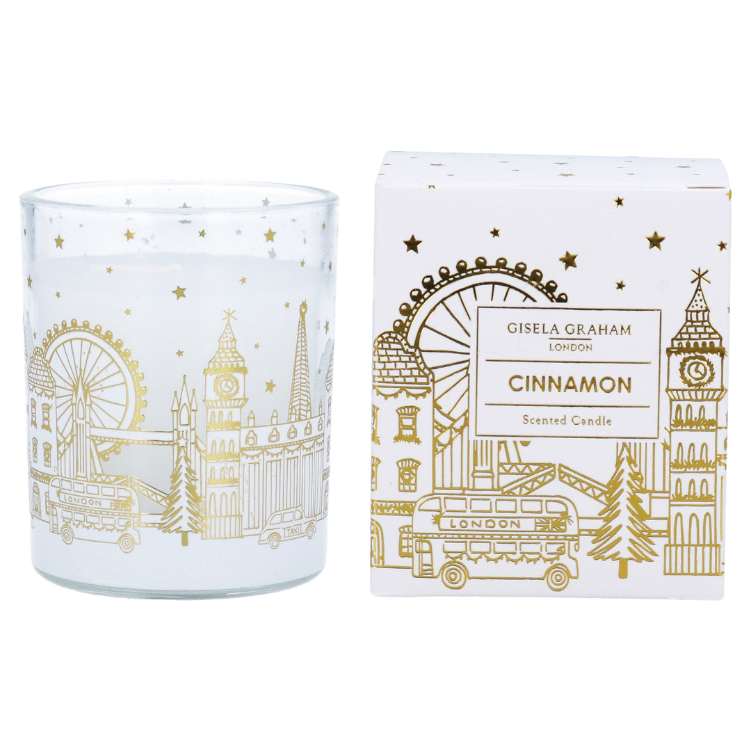 Small Gisela Graham London Scene scented boxed candle in gold, perfect for Christmas decor, by Cornucopia Home and Gift.