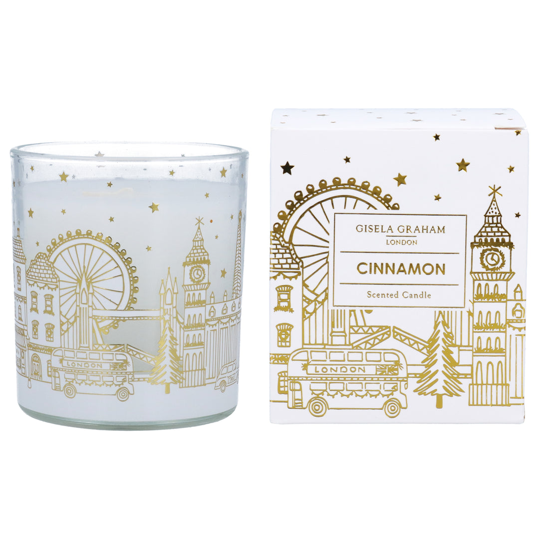 Large London scene scented boxed candle by Gisela Graham, featuring a gold design and festive holiday imagery.