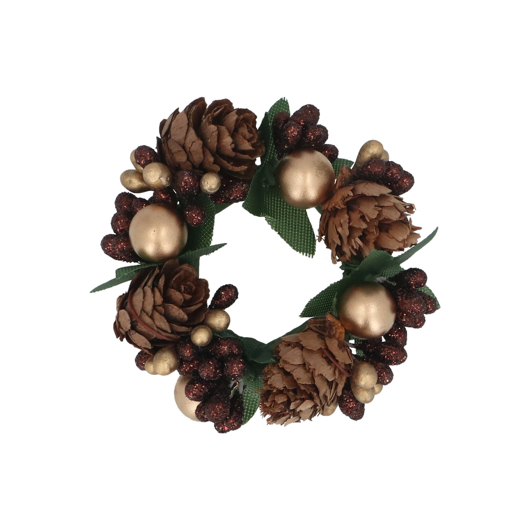 Small Gisela Graham Pine Cone Gold Bead Candle Ring with festive pine cone and gold bead accents for Christmas decor.