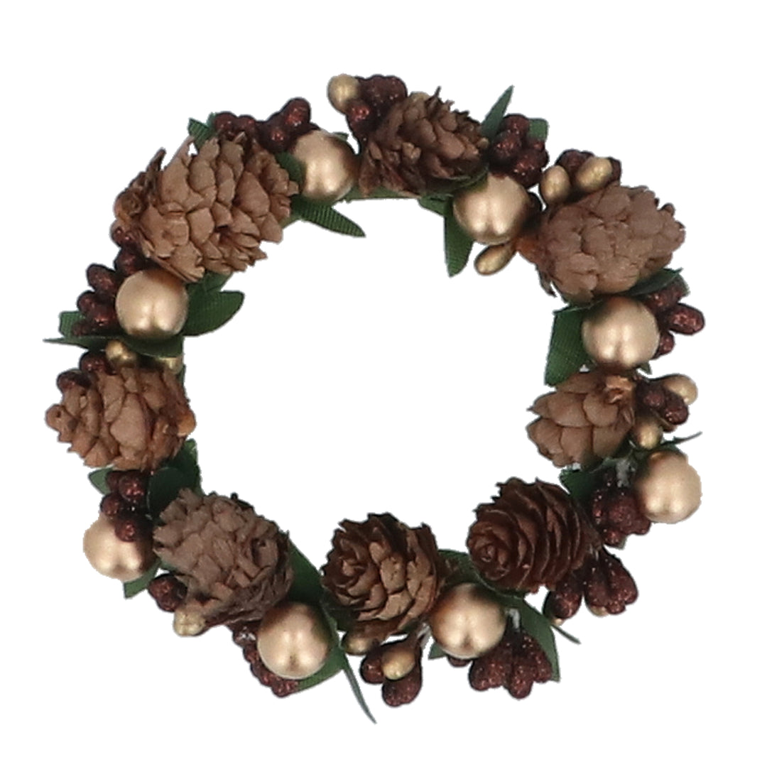 Large pine cone gold bead candle ring from Gisela Graham Christmas collection, featuring pine cones and gold beads for holiday decor.