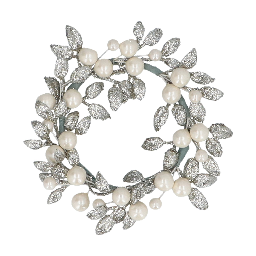 Large Champagne Glitter and Pearl Candle Ring by Gisela Graham, perfect for Christmas decor, featuring shimmering glitter and elegant pearls.
