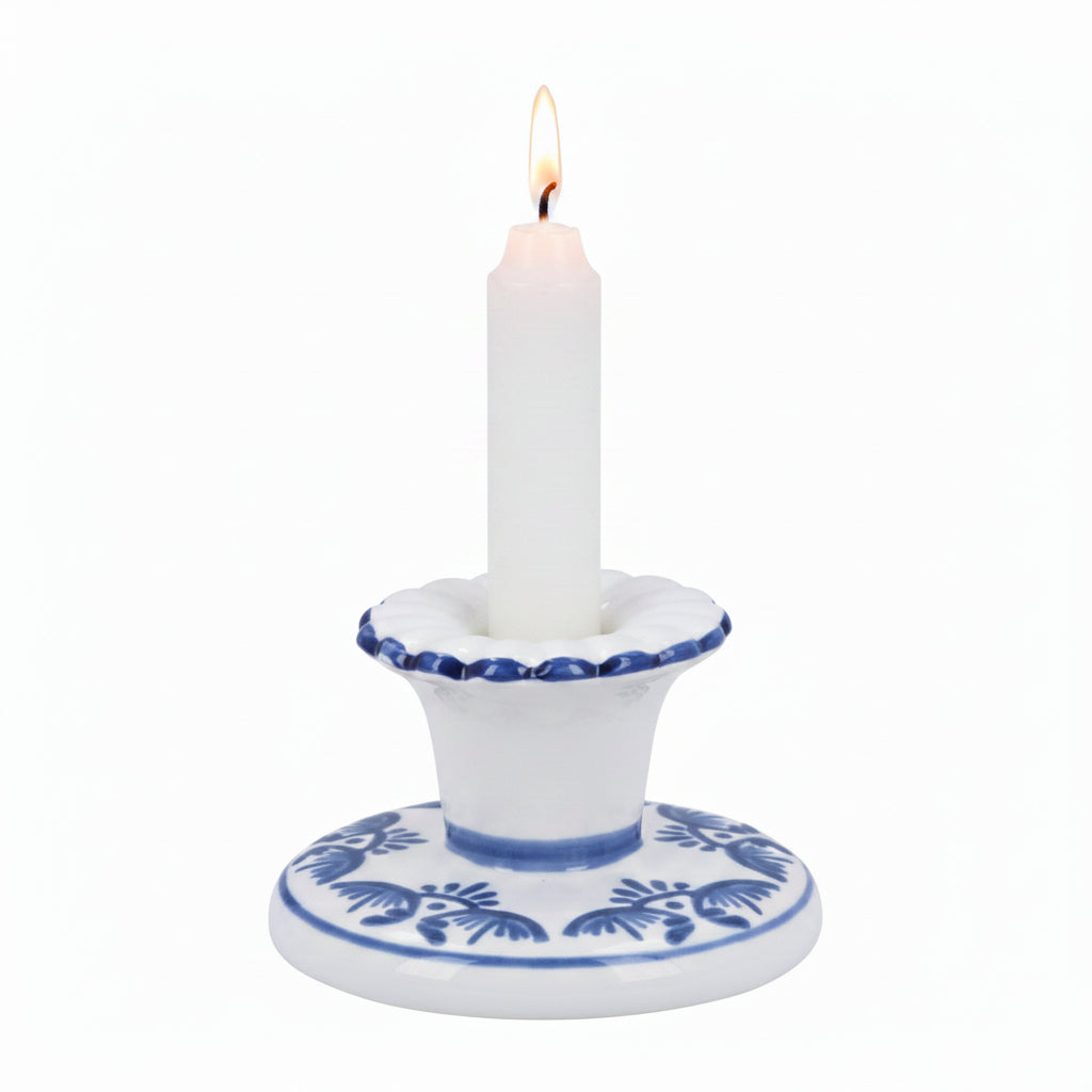 Folk Ceramic Short Candlestick Holder - Blue