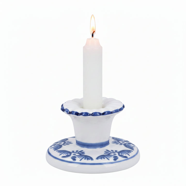 Folk Ceramic Short Candlestick Holder - Blue