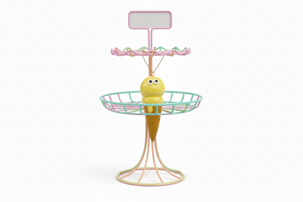 Yellow ice cream cone-shaped toy with a face on a white background