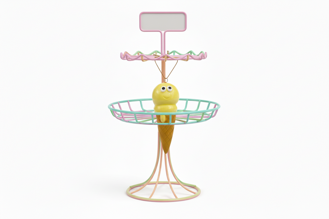 Yellow ice cream cone-shaped toy with a face on a white background