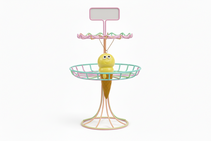 Yellow ice cream cone-shaped toy with a face on a white background