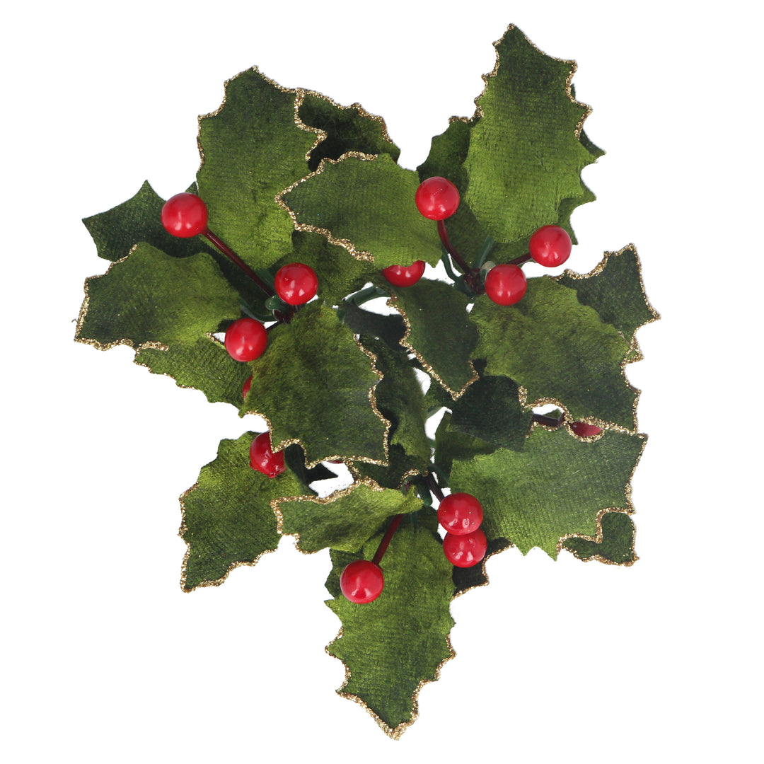 Small velvet Holly candle ring for Christmas by Gisela Graham, featuring festive red and green holly leaves and berries.