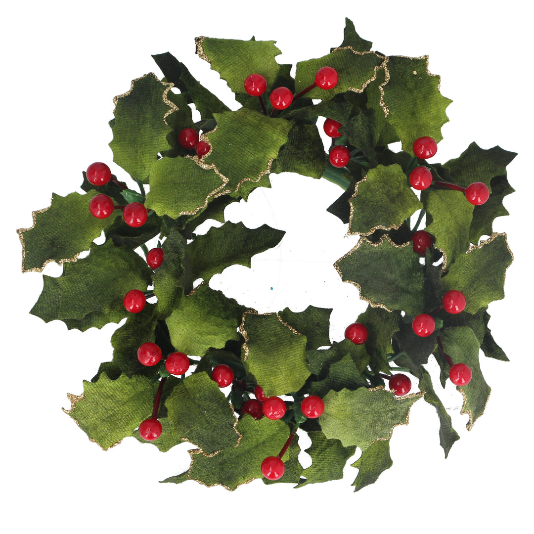 Gisela Graham Velvet Holly Large Candle Ring with red berries and green foliage, perfect for Christmas decor from Cornucopia Home and Gift