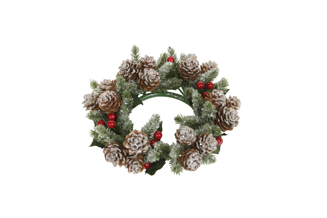Large Frosted Fir and Red Berry Candle Ring