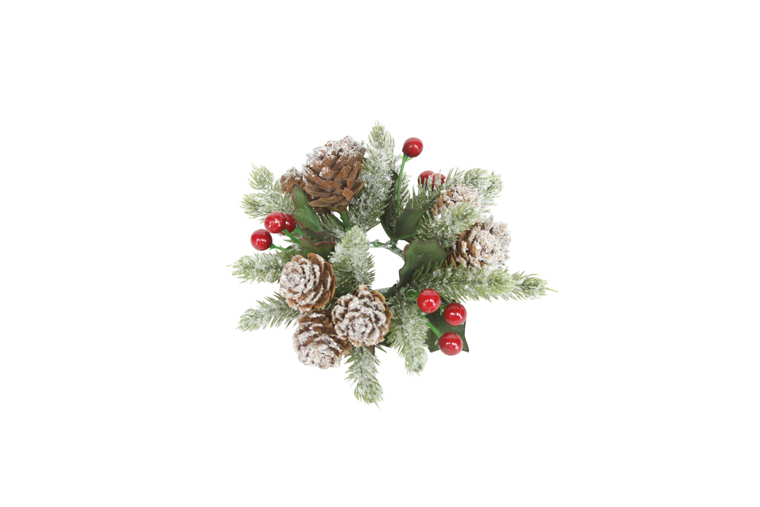 Small Frosted Fir and Red Berry Candle Ring