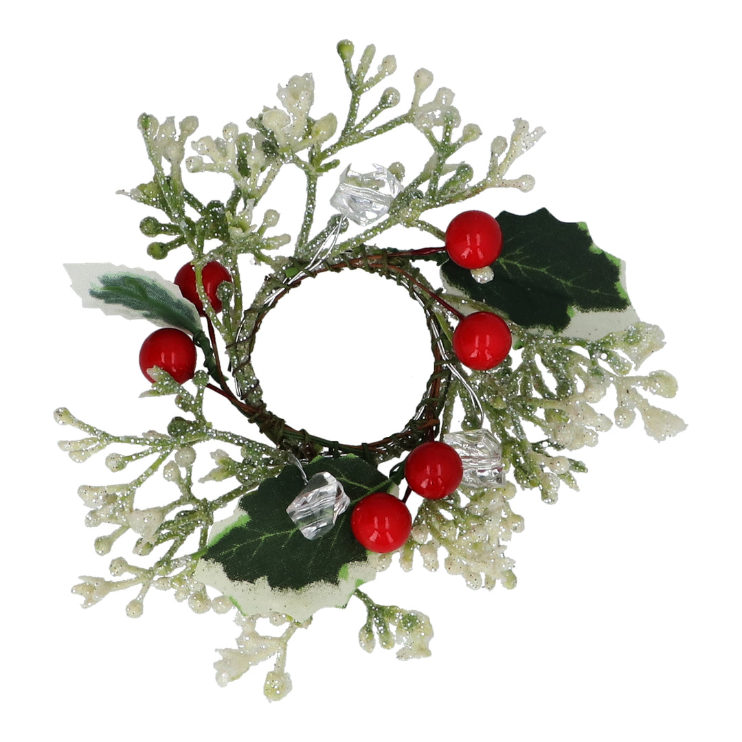 Small Frosted Foliage and Red Berry Candle Ring