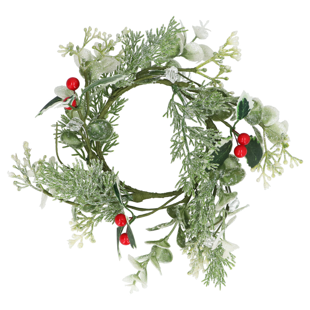 Large Frosted Foliage and Red Berry Candle Ring