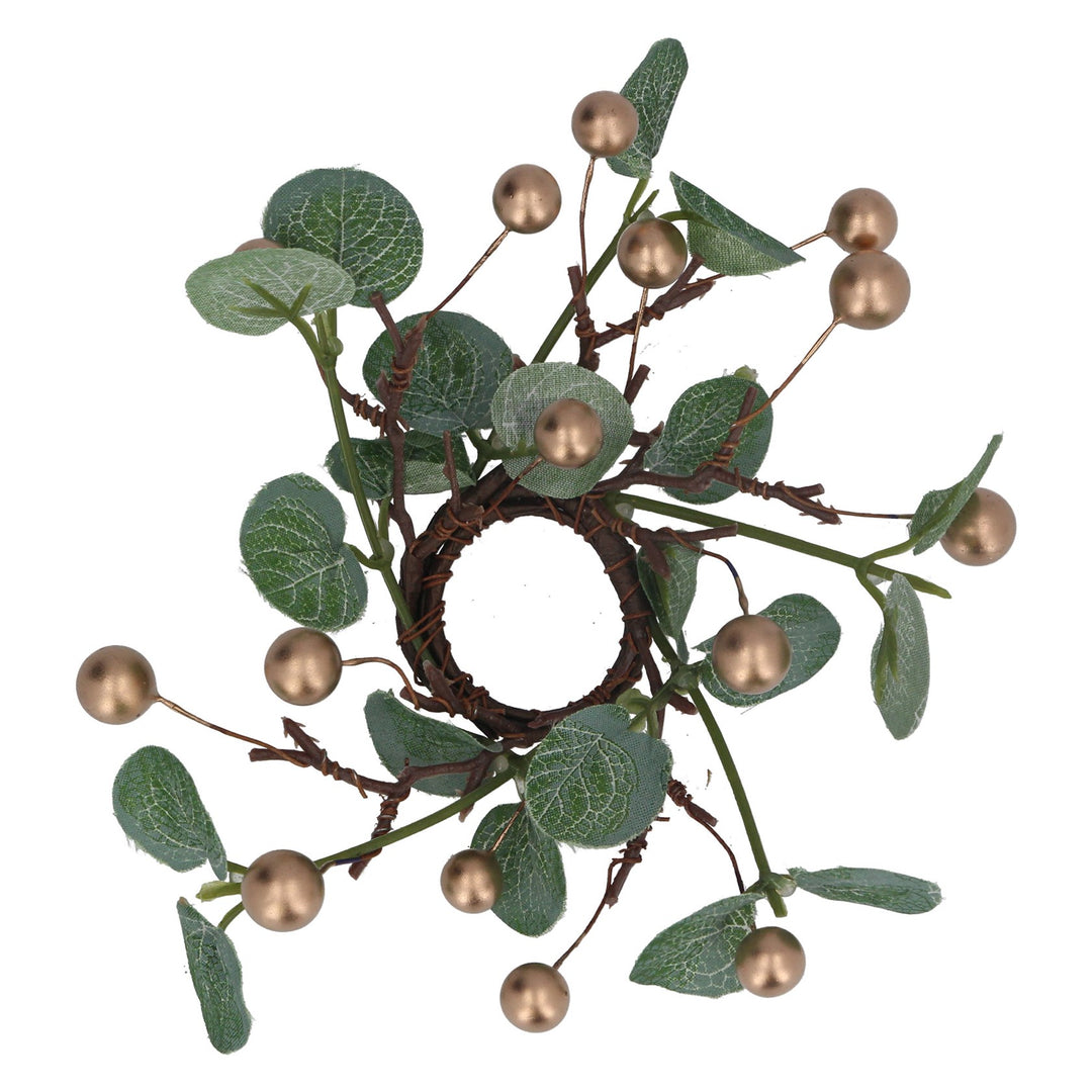 Small Gisela Graham Christmas eucalyptus and gold berry candle ring with festive greenery and decorative accents.