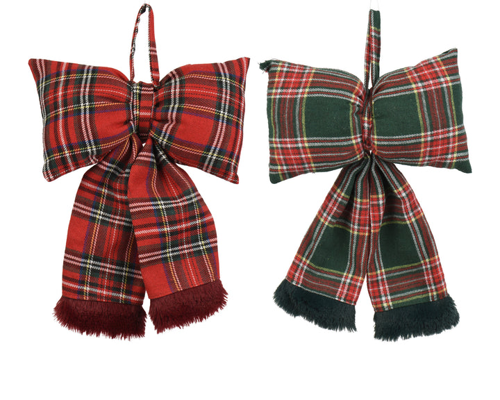 Tartan Hanging Christmas Bow with Faux Fur Trim - 2 Assorted Colours