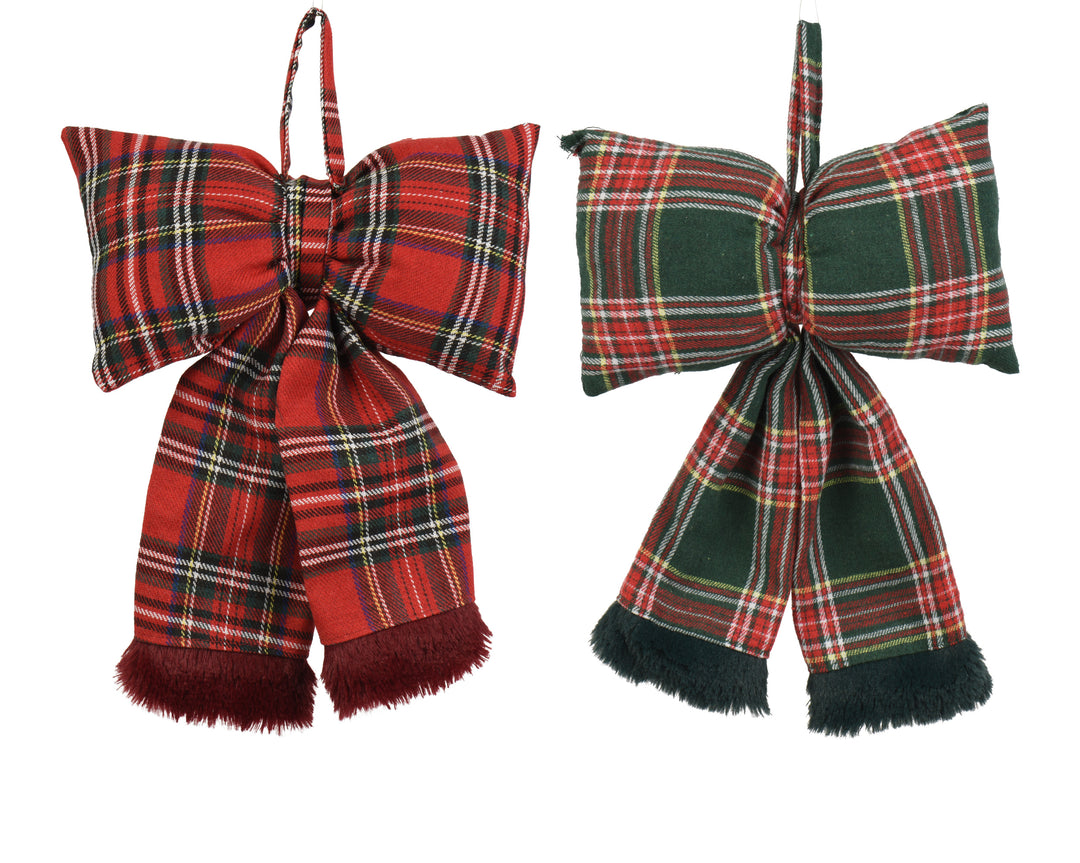 Tartan Hanging Christmas Bow with Faux Fur Trim - 2 Assorted Colours
