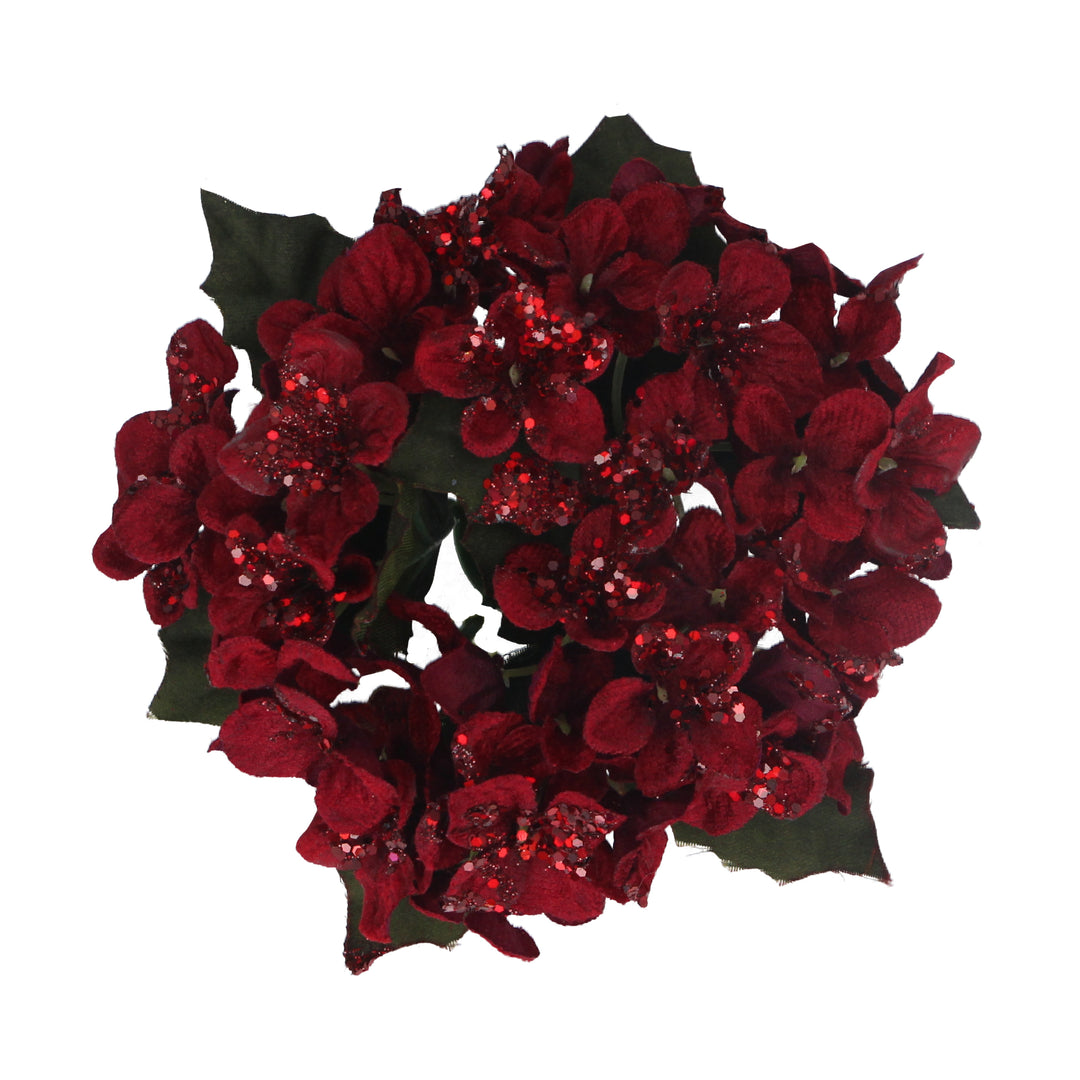Small burgundy hydrangea candle ring from Gisela Graham Christmas collection, perfect for holiday centerpieces.