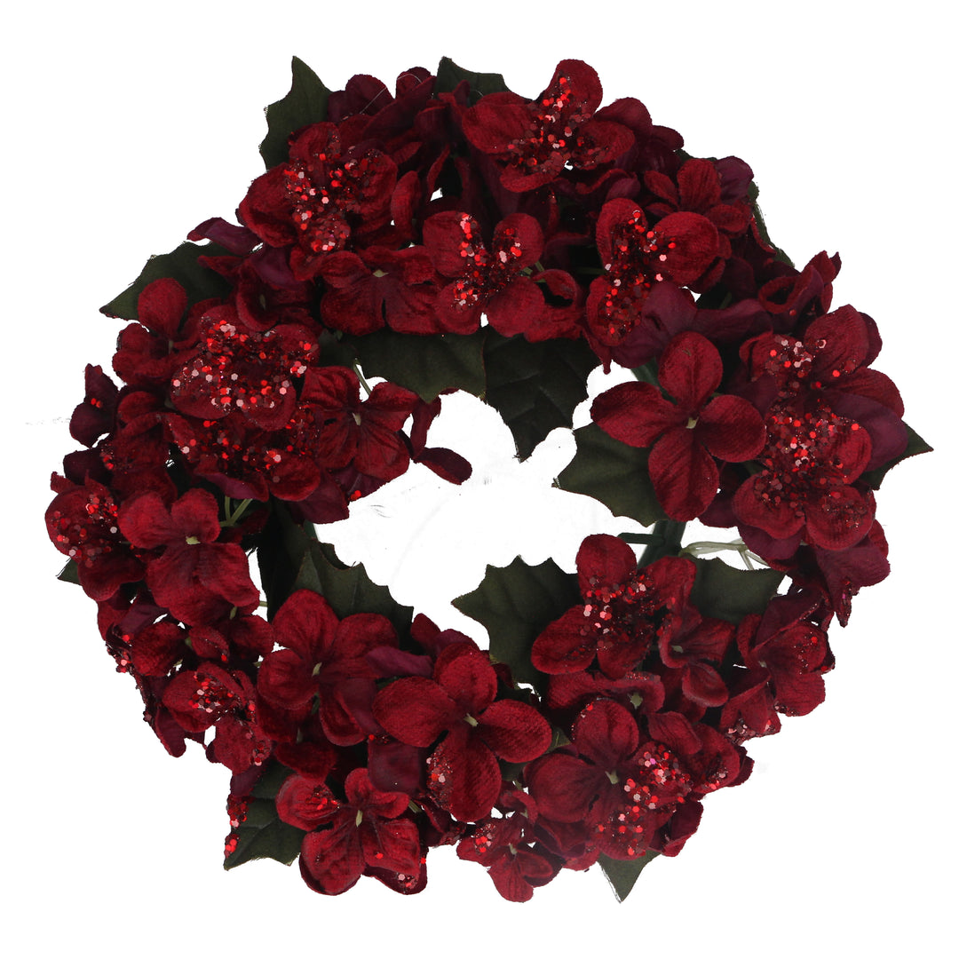 Large burgundy hydrangea candle ring by Gisela Graham, perfect for Christmas decor, featuring lush hydrangea blooms and greenery.