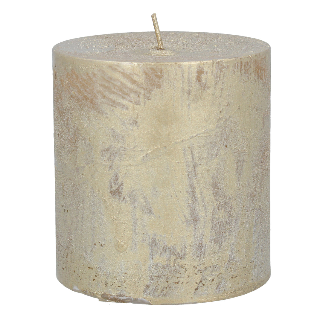 Large gold pillar candle from Gisela Graham Christmas collection, designed by Cornucopia Home and Gift, featuring a smooth, shiny finish.
