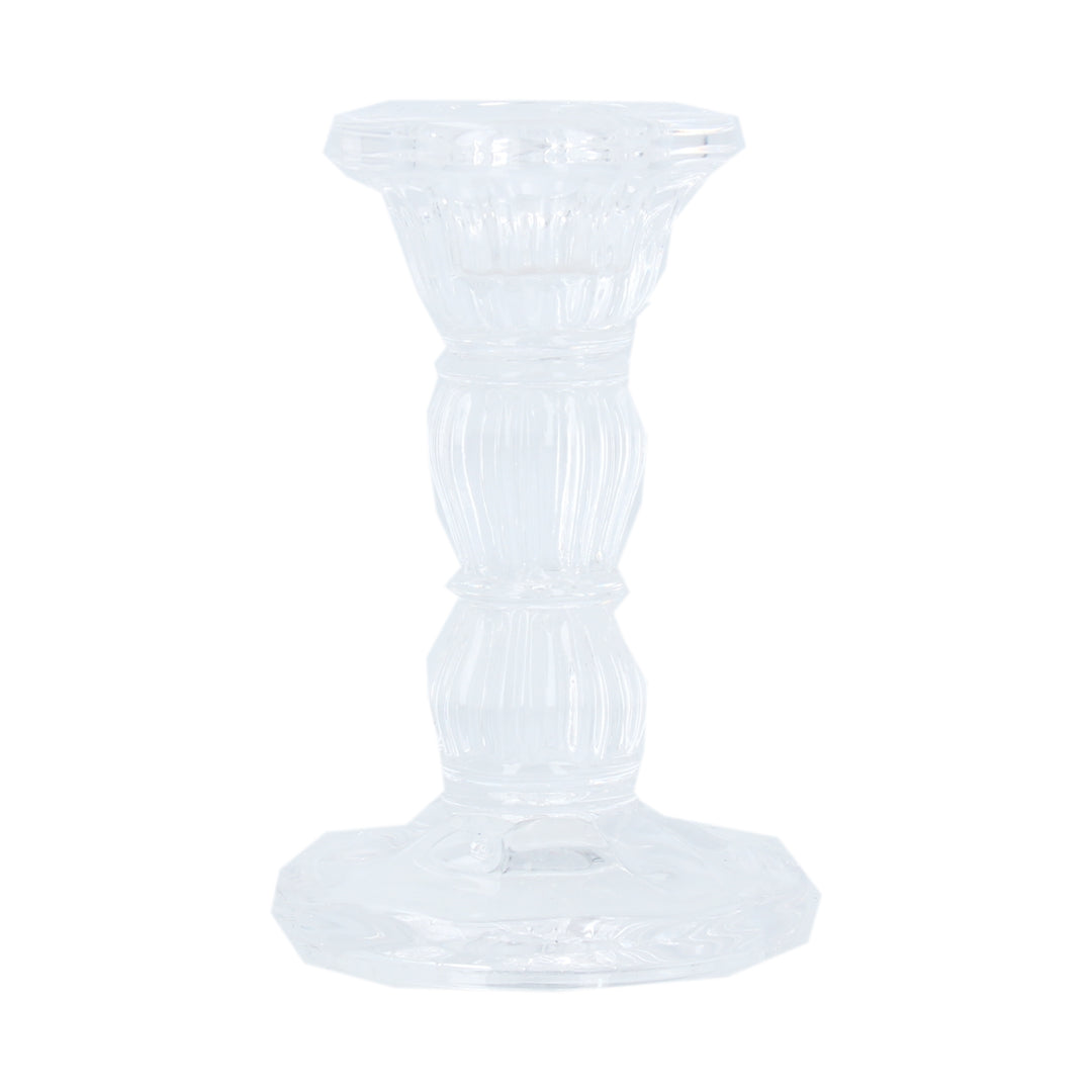 Small clear glass moulded candlestick from Gisela Graham Christmas collection, featuring a simple, elegant design.