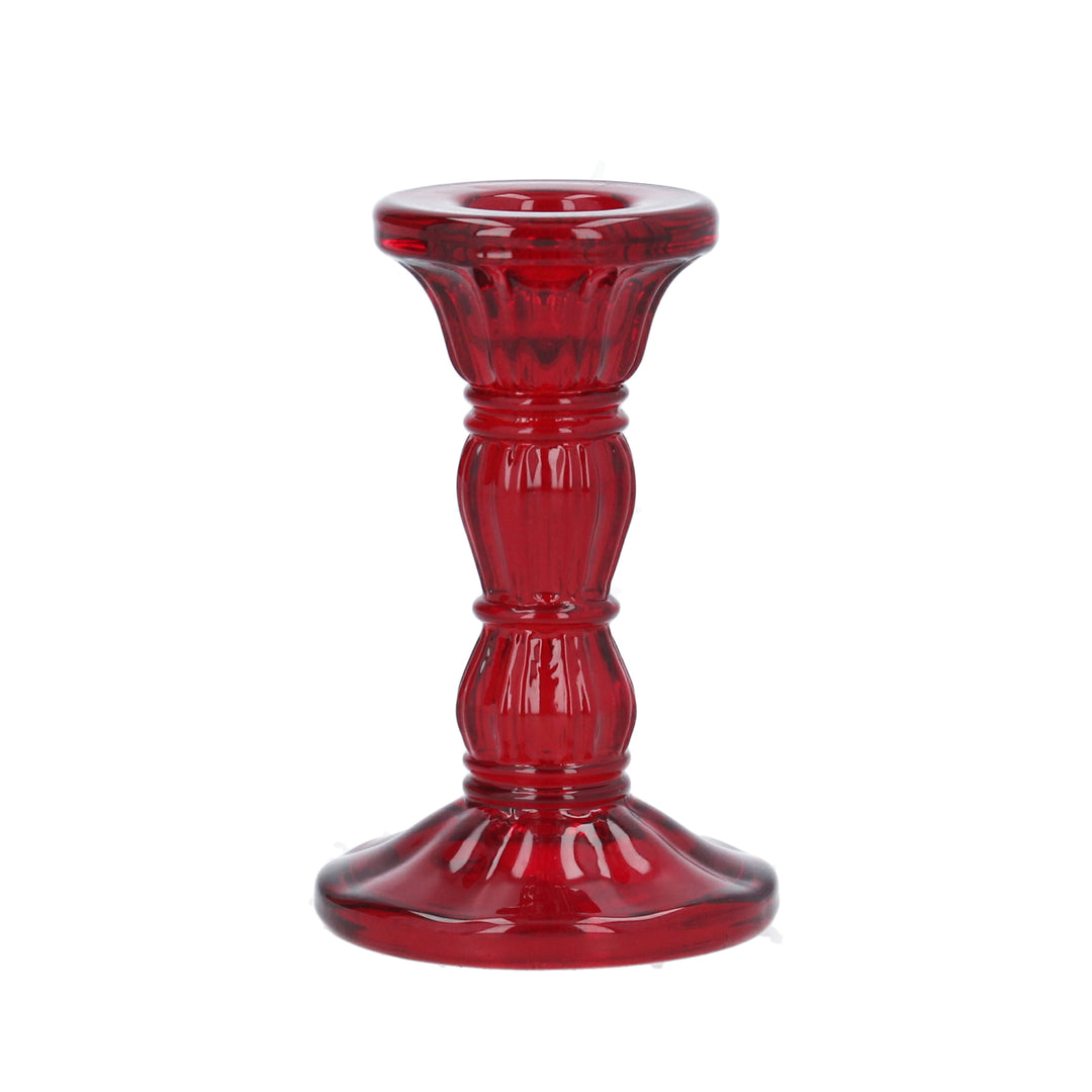 Red glass moulded candlestick from Gisela Graham Christmas collection, featuring a decorative festive design for holiday décor.