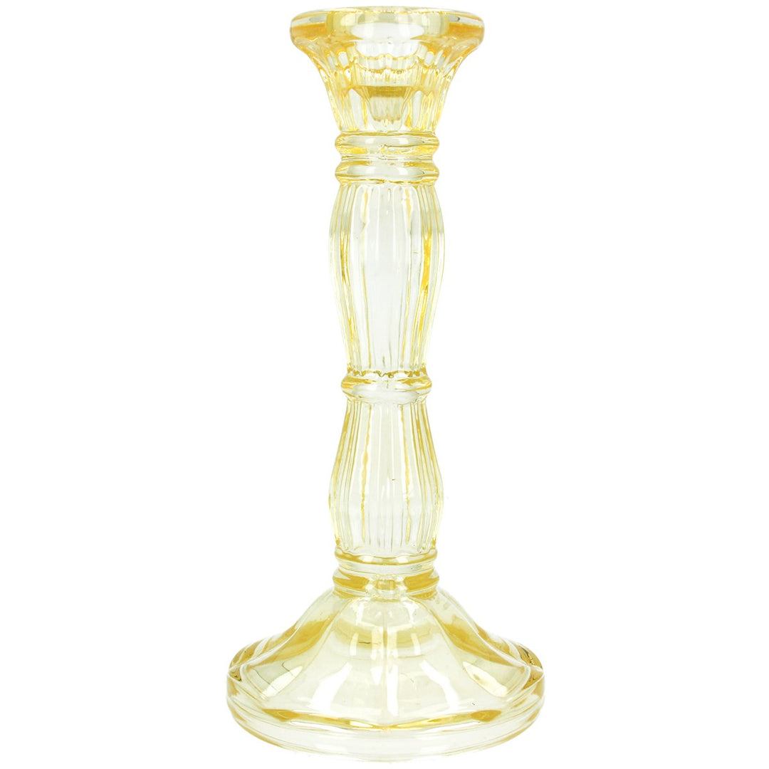 Medium pastel yellow glass candlestick from Gisela Graham Easter collection, perfect for spring decor.