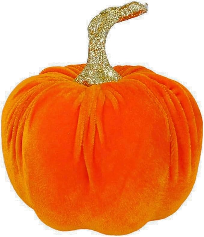 Velvet Pumpkin with Gold Glitter Stalk | Halloween Decoration | 16cm