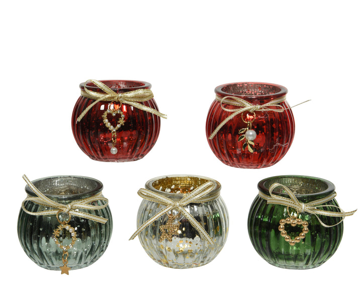 Glass Tealight Holder - Antique Gold Ribbon, Assorted Colours