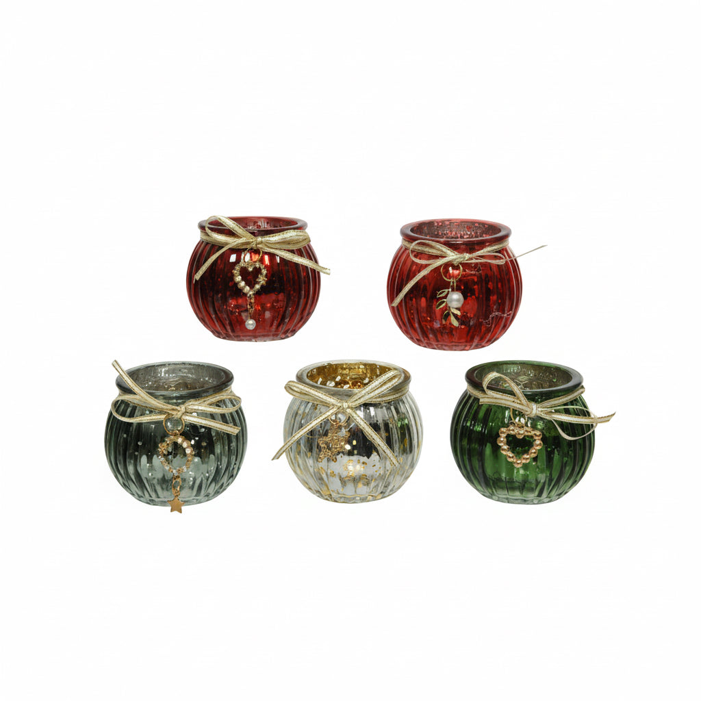 Glass Tealight Holder - Antique Gold Ribbon, Assorted Colours