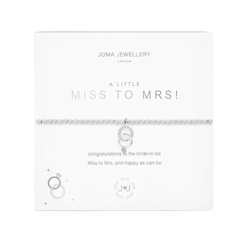 A white packaging box with a bracelet displayed inside, labeled 'A Little Miss to Mrs!' Bracelet by Joma Jewellery, indicating it's a gift for brides-to-be.
