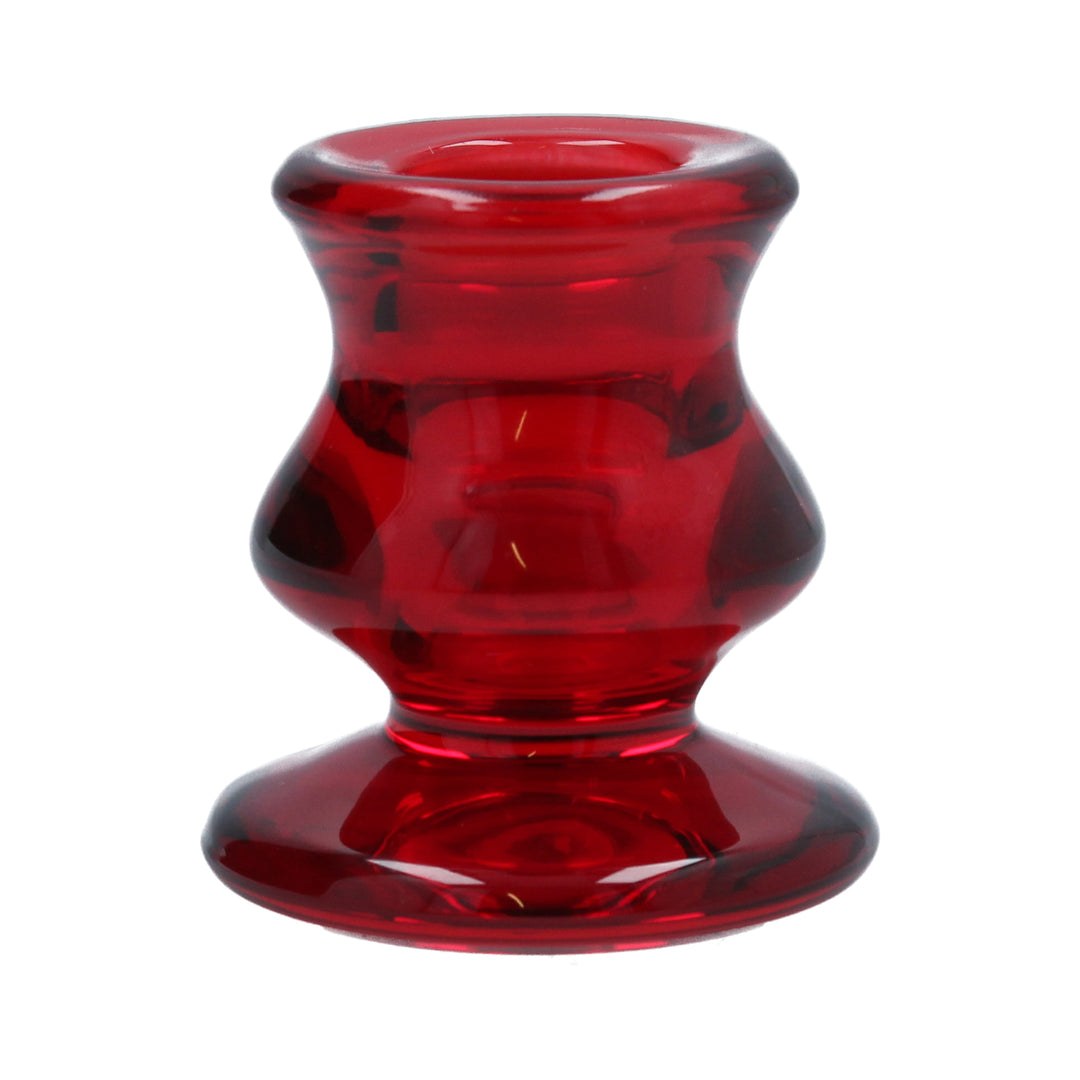 Red glass short candlestick from Gisela Graham Christmas collection, decorative holiday candle holder by Cornucopia Home and Gift
