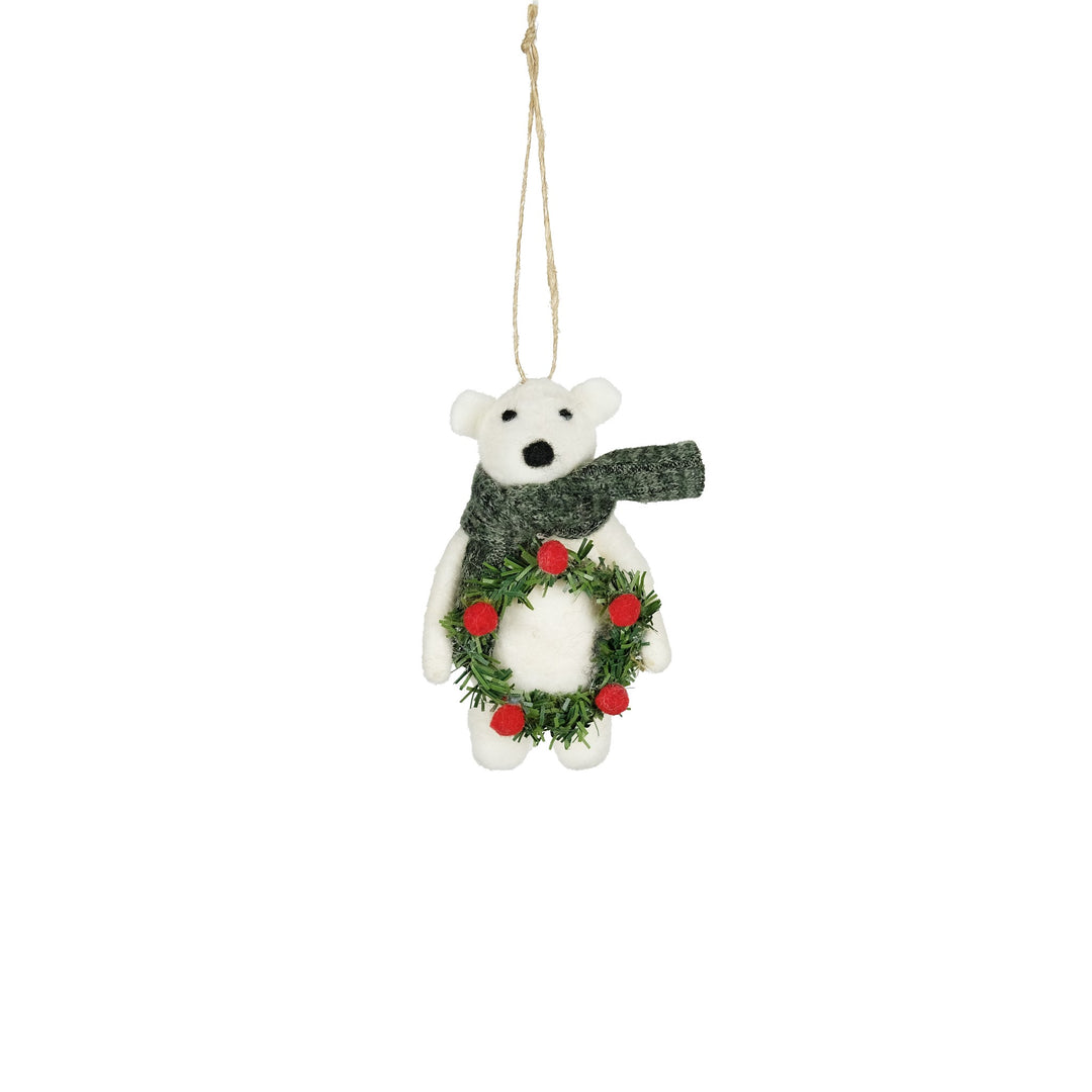 Felt Polar Bear with Wreath Hanging Decoration