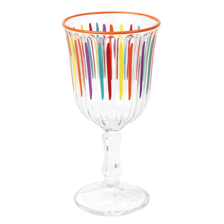 Multicolour striped wine glass by Talking Tables, featuring vibrant rainbow stripes and a clear glass design for stylish drinking.