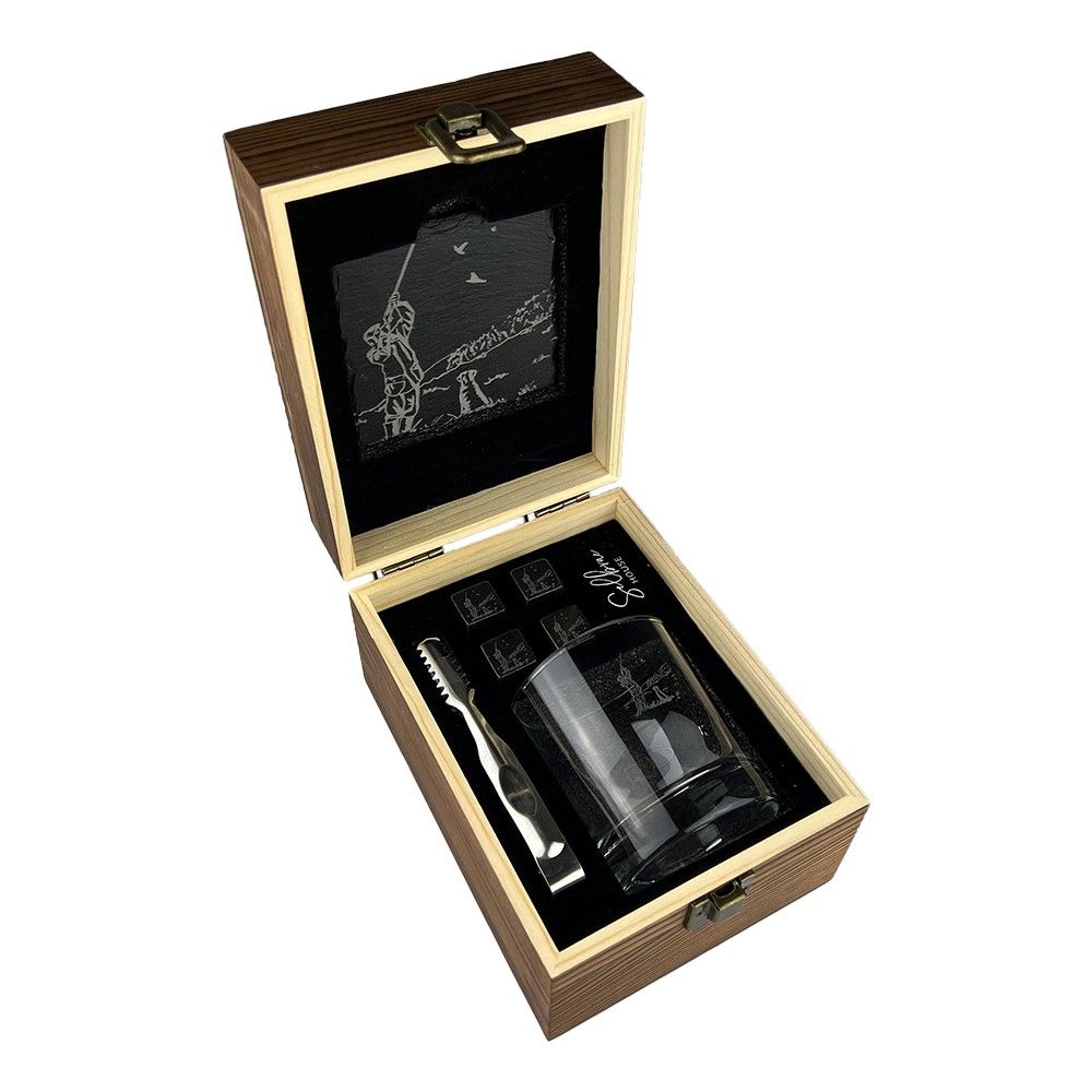 Selbrae House Shooting Drinks Set featuring glass shot glasses with engraved targets and a wooden tray for serving.