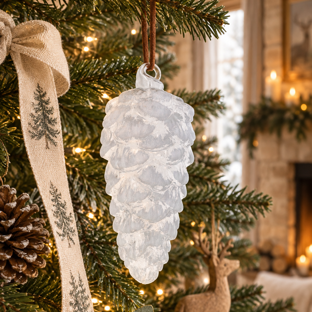 Large Clear White Glass Pine Cone Decoration