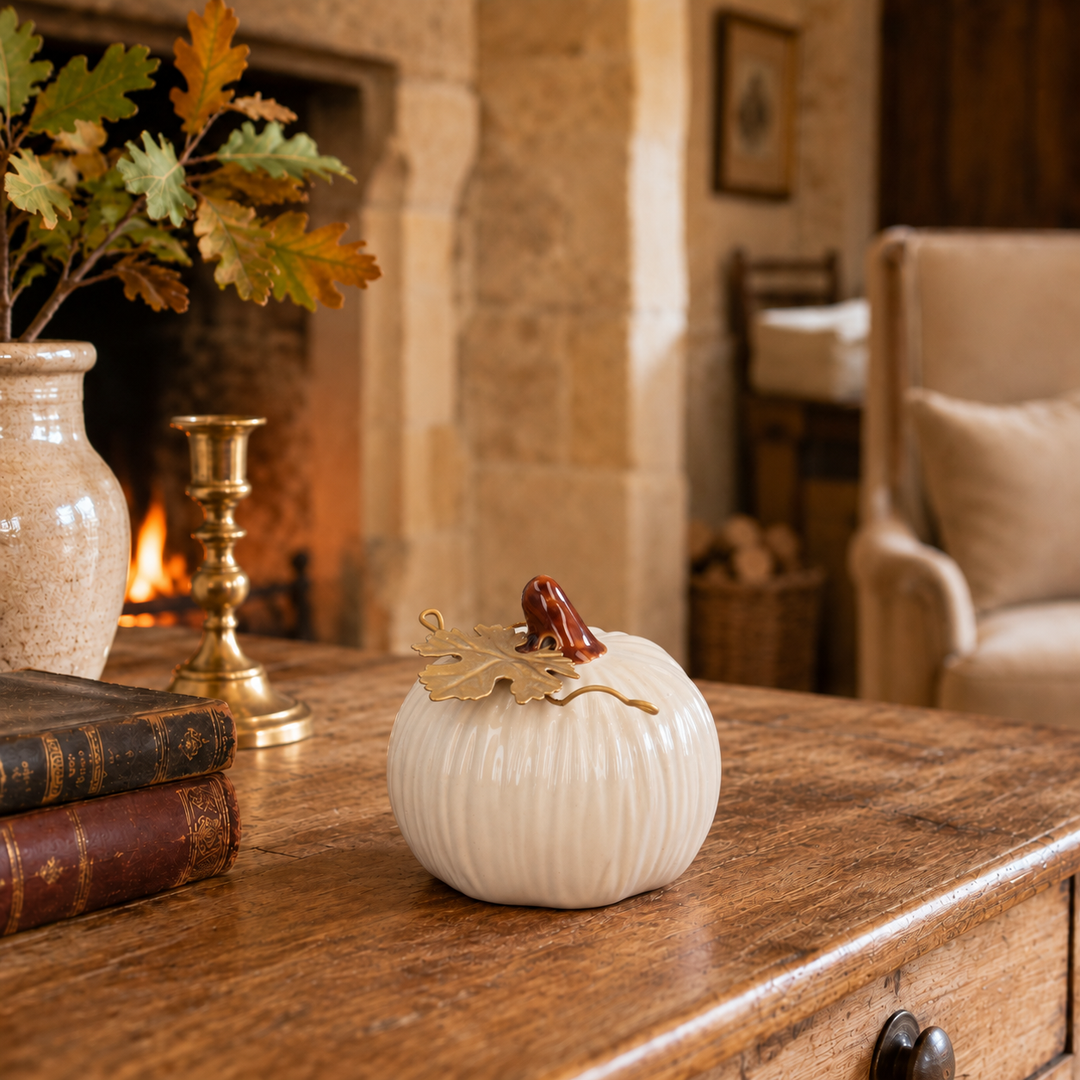 White Stoneware Mini Pumpkin Ornament with Gold Leaf