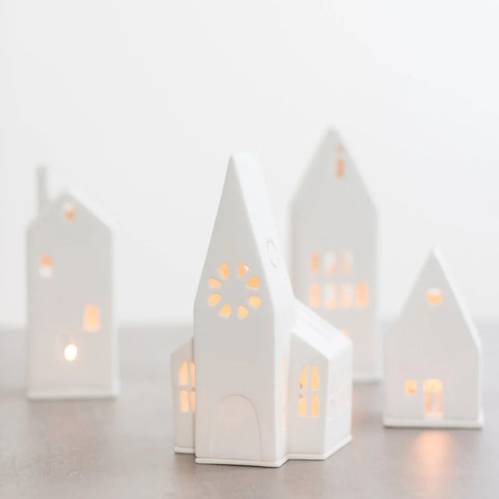 Radër Pitched Roof Tea Light House by Cornucopia Home and Gift, decorative wooden tea light holder with a pitched roof design.