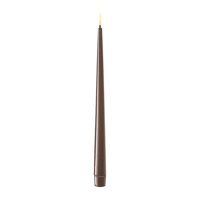 Shiny mocca-colored LED dinner candle from Cornucopia Home and Gift's Deluxe Home Art collection, glowing softly.