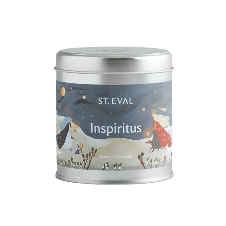 St Eval Christmas Inspiritus scented tin candle with festive holiday design, perfect for cozy winter decor from Cornucopia Home and Gift.