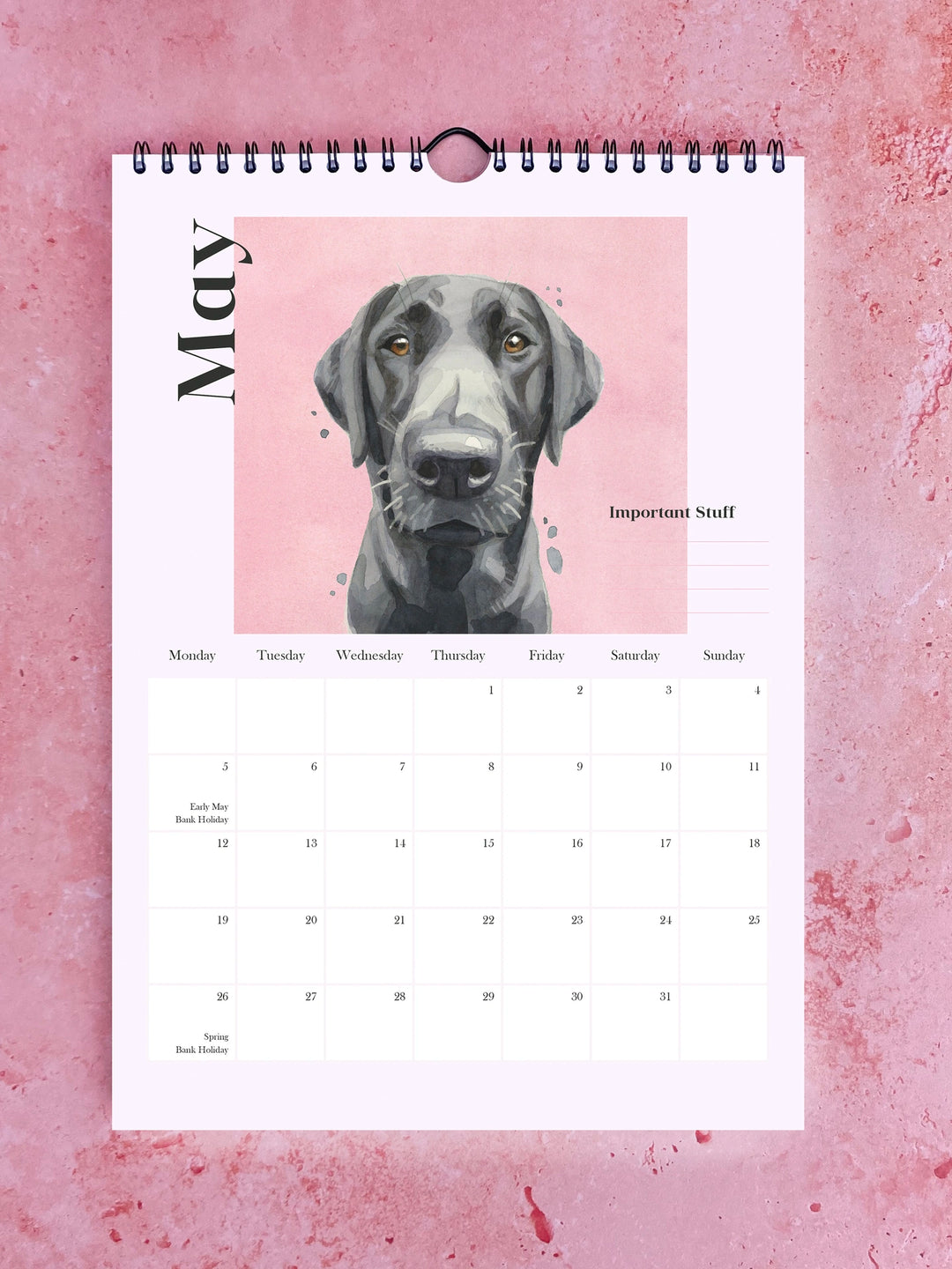 Watercolour calendar featuring playful Pooches with Personality by Robert James Hull, showcasing colorful dog illustrations.