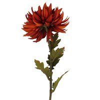 Dark orange Gisela Graham chrysanthemum stem with realistic petals and green leaves, suitable for floral arrangements.