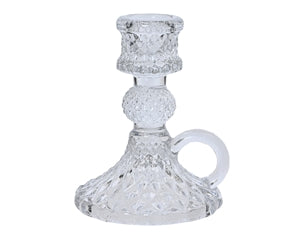 Glass dinner candle holder from Cornucopia Home and Gift, 10.4cm tall, with a clear, elegant design for tabletop décor.