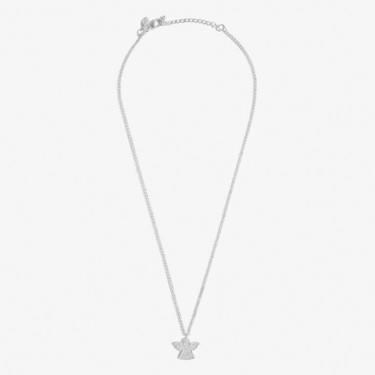 Joma Jewellery angel necklace with "Angels Watching Over You" pendant, delicate chain, and silver finish.