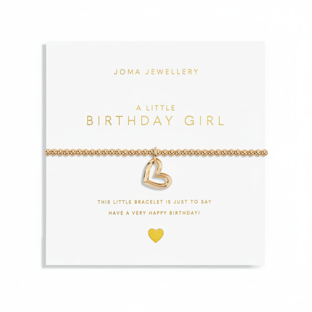 A gold-plated bracelet with a heart charm, presented on a card that reads 'A LITTLE BIRTHDAY GIRL'.