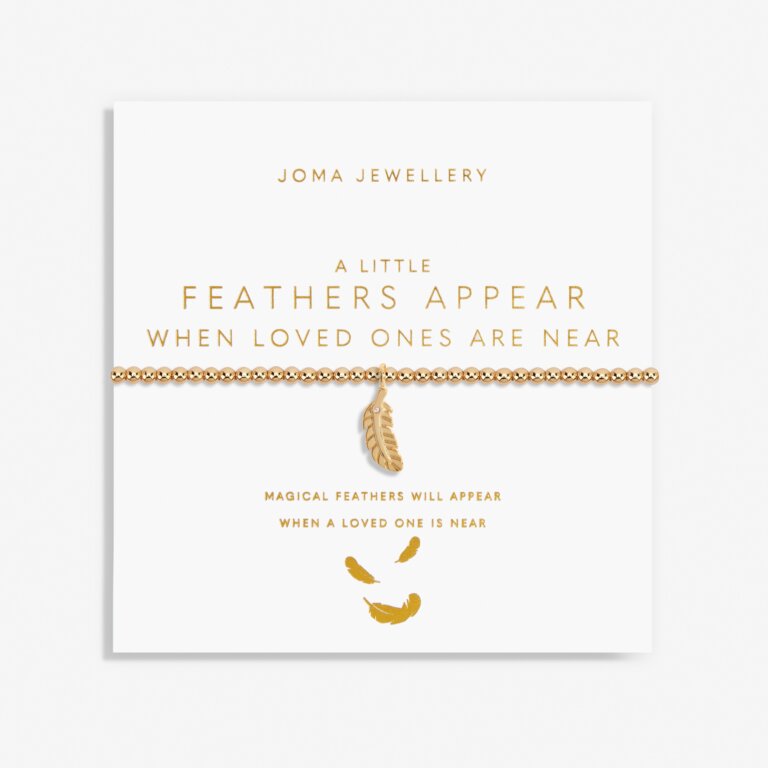 Gold Joma Jewellery "A Little Feathers Appear" bracelet with delicate feather charms on a fine chain.