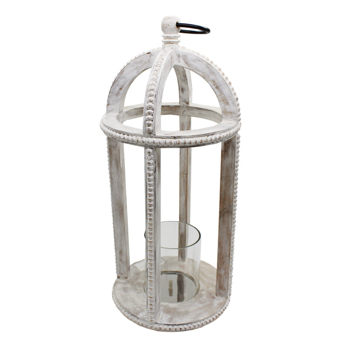 Large beaded mango lantern with glass panels by Cornucopia Home and Gift, featuring intricate bead detailing and a warm, inviting design.