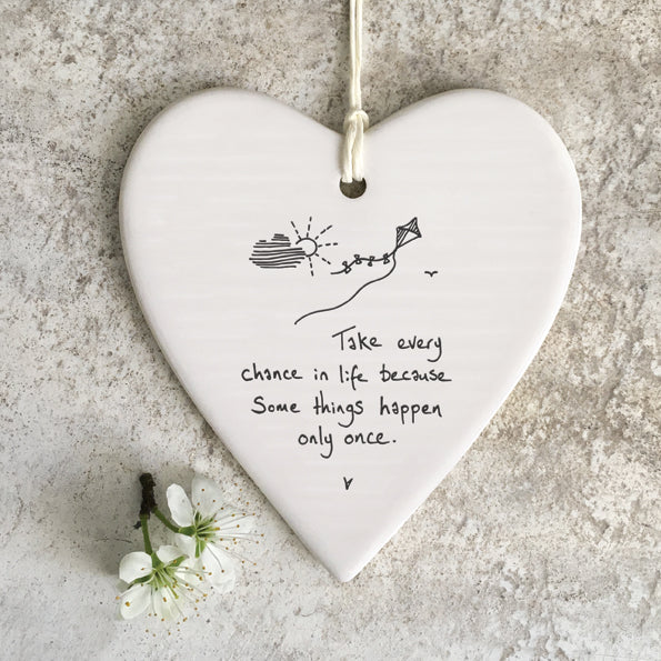 East of India porcelain wobbly round hanging heart with "Take Every Chance" inscription, decorative ceramic gift accessory.