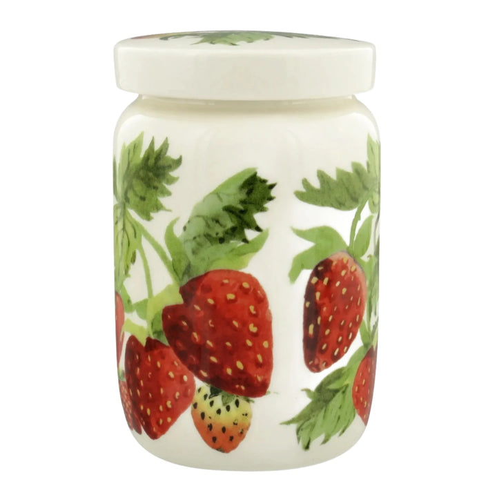 Emma Bridgewater Strawberries medium jam jar with lid, featuring a colorful strawberry design and ceramic lid for storage.