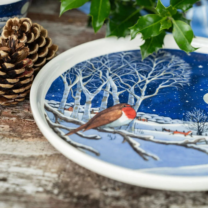 Emma Bridgewater Midnight Robin flat serving plate with festive robin design and Christmas-themed pattern in blue and red tones.