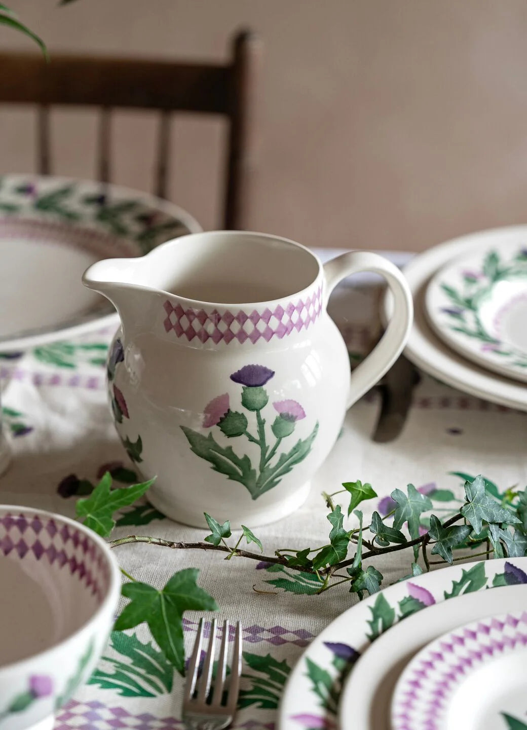 Emma Bridgewater Thistle 1½ pint ceramic jug with hand-painted thistle design, showcasing detailed floral artwork.