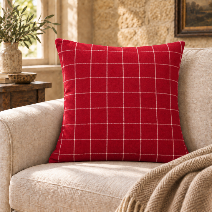 Red Large Natural Checked Cushion